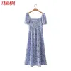 Tangada Summer Women Blue Flowers Print Vintage Dress Square Neck Krótki Rękaw Panie Midi Robe 2m56 210609