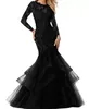 Elegantes vestidos de noche formales de encaje negro Sirena Manga larga Hasta el suelo Vestidos de fiesta formales para mujeres Apliques con cuentas Cena Vestido de fiesta por encargo Cremallera trasera