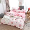 かわいいピンクの桃のシートの寝具の羽毛布団カバーピローケースフラットベッドシートベッドリネンキングクイーンダブルフル4ピース、シングル210319