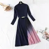 Autumn Winter Elegant Knitted Patchwork Gradient Pink Pleated Dress Women Long Sleeve Office One-Piece Sweater Dress With Belt X0629