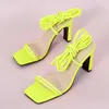 Fresh Green Orange Lace Up Sexiga Sandaler För Kvinnor Sommar Högklackat Skor Square Toe Klänning Sandal Stor Storlek 43 Y0721