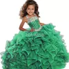 2022 Emerald Green Girls Pageant Dress Vestido Bola Vestido Longo Turquesa Organza Cristais Ruffled Flor Meninas Vestidos De Festa de Aniversário para Júnior EE0216