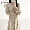 Yitimuceng Floral Print Dress Women Ruched Midi Flare Sleeve A-Line Spring Summer Empire Elegant Boho Dresses Fashion 210601