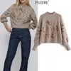 Women Sweater Beading Crop Knitted Woman Winter Warm Tunic Vintage Embroidery Puff Long Sleeve Pullover 210519