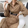 Vintage Leopard Pattern Loose Long Dress Women High Waist Hip Sashes A Line Vestidos Turn Down Collar Sleeve Robe 210422