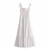 Za Openwork bestickte Träger Kleid Frauen Sleevless Smocked elastische Partykleid Mode Stickerei weiße lange Kleider 210602