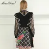 Moda Designer Sukienka Lato Damska Dress Ruffles Lace Długi Rękaw W Rocznika Kwiatowy Drukuj Czarne Dresses 210524