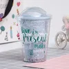 Пластиковая бутылка с водой двойной слой с соломенной летом Bling розовые девушки бутылки завтрак молочный сок Кубок подарок