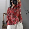 Johnature Frauen Vintage Ramie Shirts Chinesischen Stil Blusen Sommer V-ausschnitt Sieben Ärmel Drucken Floral Lose Frauen Shirts Tops 210521