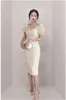 Temperament Elegant Party Dress Summer Beading V-Neck Puff Sleeve Hög midja Office Ol Kvinnors Bodycon Dresses Vestidos 210518