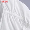 Tangada Women Fashion Pleated Crop White Blouses Vintage V Neck Three Quarter Sleeve Female Shirts Chic Tops BE518 210609