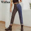 Viifaa Black and Blue Two Tone High Waist Denim Jeans for Women Zipper Fly Casual Ladies Straight 210922