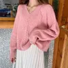 College style sweater V-neck women's autumn pullover lazy loose outer wear foreign solid color knitted top 210427