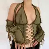 Women T-Shirt Backless Halter Ribbed Tie Front Top Long Sleeve Cut Out Lace Up Patchwork Sexy Ladies Bodycon Clothing 210522