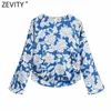 Zevity Kvinnor Vintage Blå Blommigt Utskriftssida Pläterad Smock Blus Kontor Ladies Flare Sleeve T-shirts Chic Blusas Tops LS7707 210603