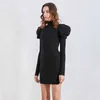 Ruché tricot femmes robes col roulé bouffée à manches longues mince robe pull pour femme vêtements mode 210520