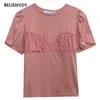 Maglietta bianca rosa coreana Top Abbigliamento donna T-shirt estiva T-shirt slim in cotone con maniche a sbuffo Tee Top Vetement Femme Camisetas 210520