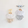 여름 키즈 소녀 3-PCS 짧은 소매 도트 셔츠 + 스트라이프 반바지 + 머리 장식 귀여운 스타일 어린이 옷 E6069 210610