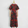 Vintage Print Dress For Women Lapel Short Sleeve High Waist Lace Up Bowknot Midi Dresses Female Summer Fashion 210520