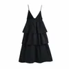 Sexy Woman Black Spaghetti Strap Cascading Ruffles Dress Spring Fashion Soft V Neck es Feamle Elegant Party 210515