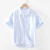 Summer Cotton Linen Short Sleeve Shirts for Men Casual Fashion Pink Classic Turn-down Collar Man Tops Plus Size S-4XL Designer 210601