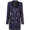 HIGH STREET est Designer Blazer Women's Metal Lion Buttons Double Breasted Shawl Collar Long Jacket Navy Blue 211122