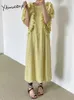 Yitimuceng Floral Print Dresses for Women Summer Korean Fashion Boho Long Dress Puff Sleeve Edible Tree Fungus Yellow Black 210601