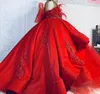 2021 Red Luxurious Tutu Flower Girl Dresses Lace Beaded Ball Gown Sheer Neck Tulle Lilttle Kids Birthday Pageant Weddding Gowns ZJ5816599