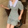 Kobiety Szyfonowa Sukienka Lato Moda Kobieta Rękaw Puff Rocznika Kwiatowy Drukuj Peter Pan Collar Boho Casual Vestidos 210514