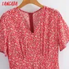 Tangada Summer Red Floral vネックドレス半袖レディースロングドレスvestidos 1F123 210609