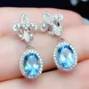 Peloton de lustre en lustre chic bleu cristal cristal aquamarine topaze joyaux diamants boucles oreilles pour femmes girl blanc or argent C1187280