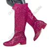 オロム手作りの女性冬のグリッター膝ブーツユニセックス分厚かヒールラウンドトーゴールドブラックシルバーフクシアパーティーシューズUSサイズ5-20
