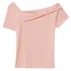 ピンクTシャツ夏の綿カジュアルOps ee不規則な襟オフショルダーパールチェーン装飾半袖マルチカラー210421