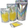 100 unids / lote Bolsas con cremallera de pie que se pueden volver a sellar Bolsa de papel de aluminio Bolsa a prueba de olores holográfica de plástico Embalaje de almacenamiento de cosméticos para alimentos