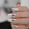 FALSE NAILS MEDIAL LÅNG METALLISK FAKT FINGER Full Cover Mirror Diy Tips Silver Flat Shining Daily Gel Nail 24pcs Prud22