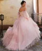 Pink Prom -klänningar Elegant från axeln Tulle Sweep Train Spets Applique 3/4 Long Poet Sleeves Custom Made Evening Party Ball Ball Gowns Vestido 403 403