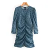 Woman Blue Floral Ruched Dress Summer Cami Mini Women Long Sleeve Design Elegant Ladies Party Club short es 210430