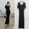 Tight Black V Neck Krótki Rękaw Modal Bawełniana Sukienka Kobiety Tshirt Długość kostki Długość Dorywczo Retro Szary Wrap Hip Wild Basic Vestidos 210610