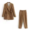 ZXQJ elegante vrouwen hoge kwaliteit bruin pak set mode vintage dames katoen jassen casual vrouwelijke zachte pakken meisjes chic 210727