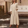 Bohemian Shirt Dress Women's Maxi Sundress Vår Elegant Casual V Neck Rufle Vestido Kvinna Långärmad Tunika Robe