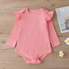 Winter Children Sets Long Sleeve O Neck Pink Solid Romper Print Floral Trousers Cute 2Pcs Girls Boys Clothes 0-2T 210629