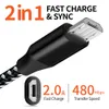 Type C Micro USB Cable Nylon مضفر عالي السرعة Micro-USB شحن كابلات Android Charger Cord 1M 2M