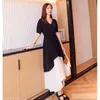 Sommer Farbblockiertes V-Ausschnitt Langes Maxikleid Frauen Kurzarm Asymmetrische Koreanische Mode Elegante Vestidos Kleider Femme 210513