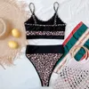 Bikini sexy a vita alta da donna Set da 2 pezzi Costume da bagno patchwork leopardato a righe Costume da bagno push-up a vita Costumi da bagno da donna estivi