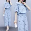 2020 Summer Printing Lotus Leaf Short Sleeve Two Piece Set Female Chiffon Sexy Loose Casual Wide Leg Pants Women Suits FY240 X0428