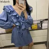 女性ミニドレスヴィンテージフリルVestidos Mujer韓国のファッションローブVネックルーズパフスリーブデニムドレス女性210519