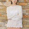 Koreanisches schickes Spitzenhemd für Damen, durchsichtig, solide Rundhalsausschnitt, Blasenärmel, Damenbluse, bestickte Sonnencreme-Shirts 13463 210508