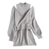 Zweiteiliges Set Frauen ärmelloses gestricktes, figurbetontes Kleid Sexy abgeschnittener Pullover Pullover Dame Lässiger koreanischer Stil Eleganter Anzug 210519