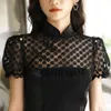 Women Black Solid Net Mandarin Neck Puff Sleeve Short A Line Mini Dress Summer Beach Female Chinese Style D1964 210514