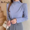 Women T Shirt Spring Autumn Long Sleeve Casual Plain T-shirts Female Half Turtleneck Tops Woman Korean Tshirts 210506